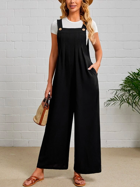 Loose Buttoned Casual Linen Bib Pants, Jumpsuits&Rompers, color:Black|size:XXL, JustFashionNow