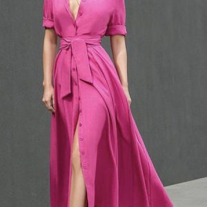 Elegant Shirt Collar Regular Fit Three Quarter Dress, Midi Dresses, color:Rose Red|size:XS, Stylewe