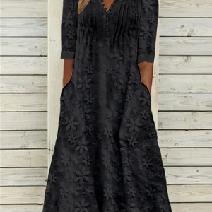 Half Open Collar Loose Linen Dress, Dresses, color:Black|size:XXL, JustFashionNow
