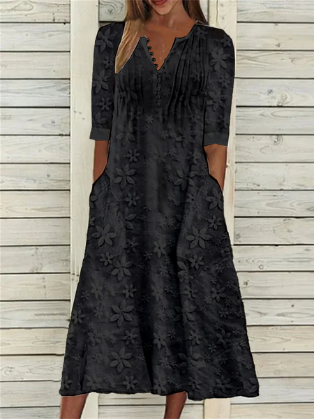 Half Open Collar Loose Linen Dress, Dresses, color:Black|size:XXL, JustFashionNow