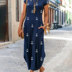 Casual Short Sleeve Round Neck Plus Size Printed Dress, Maxi, color:Blue|size:XXL, catalog Noracora shop