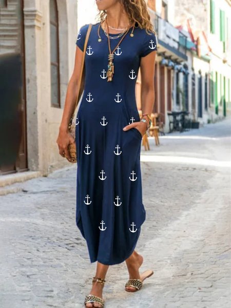 Casual Short Sleeve Round Neck Printed Dress, Dresses, color:Blue|size:XXL, JustFashionNow