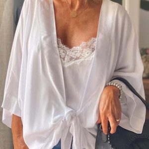 Long Sleeve Cardigan, Kimono, color:White|size:3XL, Noracora