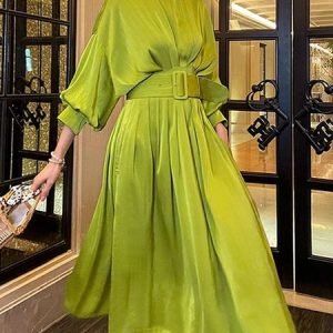 Elegant Crew Neck Regular Fit Plain Dress, Midi Dresses, color:Green|size:XS, Stylewe