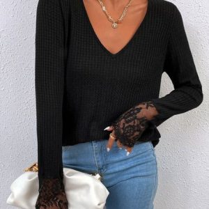 Casual Plain V Neck Long Sleeve T-shirt, T-shirts, color:Black|size:3XL, Noracora