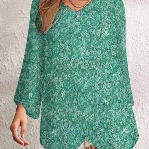 V Neck Long Sleeve Small Floral Regular Loose TUNIC Shirt For Women, Blouses, color:Green|size:5XL, Noracora