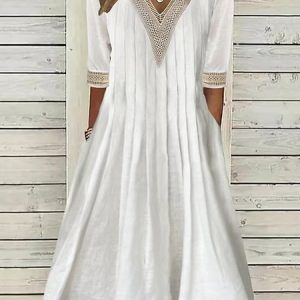 Lace Cotton And Linen Casual Plain Pockets Dress, Midi, color:White|size:XXL, catalog Noracora shop