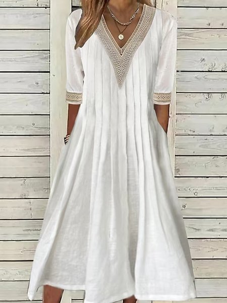 Lace Cotton And Linen Casual Plain Dress, Dresses, color:White|size:XXL, JustFashionNow