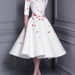 Crew Neck Elegant Floral Half Sleeve Party Midi Dress, Midi Dresses, color:White|size:XXL, Stylewe