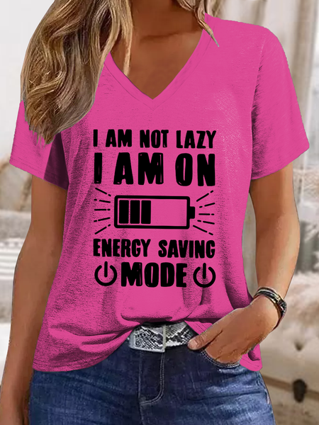 Women's Funny Word I Am Not Lazy I Am On Energy Saving Mode Casual Regular Fit Cotton-Blend T-Shirt, color:Rose Red|size:3XL, Lilicloth.com
