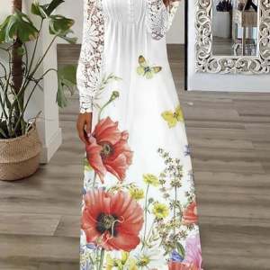 Floral Casual V Neck Lace Loose Dress, Dresses, color:White|size:XXL, JustFashionNow
