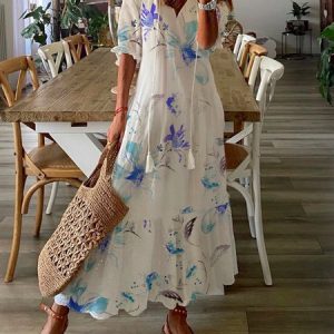 Women Floral Short Sleeve Summer Dress V Neck Daily Casual Maxi H-Line Dress, JustFashionNow Floral Dresses, color:Blue|size:XXL,