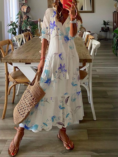 Women Floral Short Sleeve Summer Dress V Neck Daily Casual Maxi H-Line Dress, JustFashionNow Floral Dresses, color:Blue|size:XS,