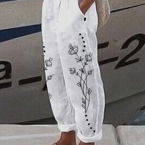 Floral Loose Cotton Pants, Pants, color:White|size:XXL, JustFashionNow