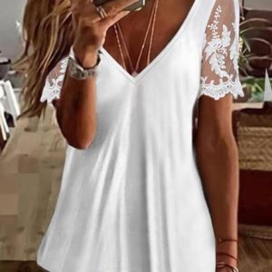 Casual V Neck Regular Fit Lace Shirt, Shirts & Blouses, color:White|size:XXL, JustFashionNow