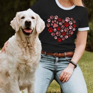 Lilicloth X Funnpaw Women's Dog Lover Paw Heart Crew Neck T-Shirt, color:Black|size:L, Lilicloth.com