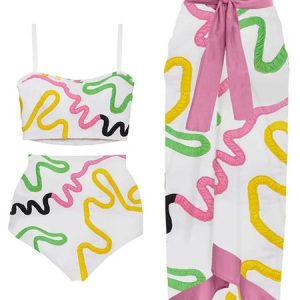 Vacation Abstract Printing Notched Bikini With Cover Up, Coverups, color:White|size:XXL, Stylewe