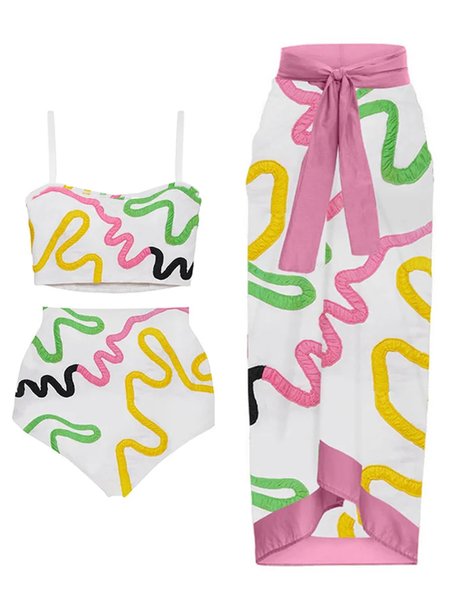 Vacation Abstract Printing Notched Bikini With Cover Up, Coverups, color:White|size:XXL, Stylewe
