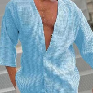 Cotton And Linen Casual Plain Shirt, Shirts ＆ Blouse, color:Sky Blue|size:3XL, JustFashionNow