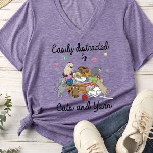 Women's Funny Cat Lovers Easily Distracted By Cats And Yarn Cotton-Blend V Neck T-Shirt, color:Purple|size:3XL, Lilicloth.com