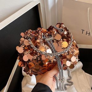 Prom Party Sequins Tassel Chain Bucket Bag, Shoulder Bags, color:Brown|size:One-size, Stylewe
