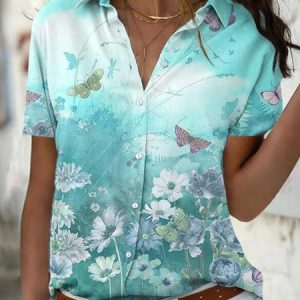 Urban Loose Shirt Collar Floral Regular Sleeve Blouse, Shirts & Blouses, color:Green|size:5XL, JustFashionNow