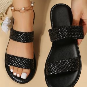 Vintage Braided Double Strap Slide Sandals, Sandals & Slippers, color:Black|size:42, JustFashionNow