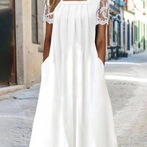 Plus Size Square Neck Casual Lace Jersey Dress, Dresses, color:White|size:4X, JustFashionNow