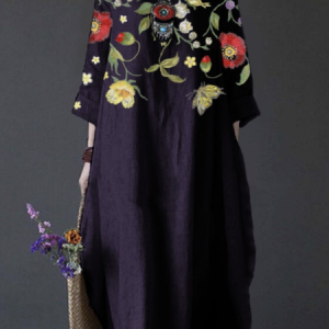 Casual Floral Crew Neck Dress, DRESSES, color:Purple|size:5X, Noracora