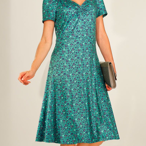 Ditsy Floral V Neck Casual Color Block Dress, Dresses, color:Green|size:XXL, JustFashionNow