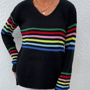 Women Striped Long Sleeve Comfy Casual Sweater, Sweaters, color:Black|size:XL, Noracora
