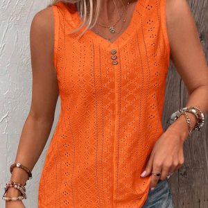 Loose V Neck Casual Buttoned Eyelet Embroidery  Front Tank Top, JustFashionNow Tanks & Camis, color:Orange Red|size:XXL,