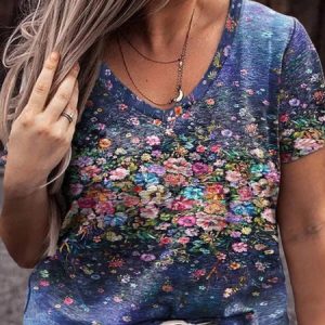 Plus Size Floral V Neck Floral-Print Casual T-shirt, TOPS, color:Blue|size:4X, catalog Noracora shop
