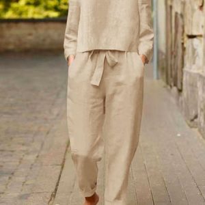 Plus size Casual Plain V Neck Two-Piece Set, SET, color:Khaki|size:4X, Noracora