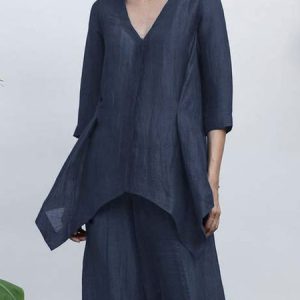 V Neck Plain Casual Loose Shirt, Blouses and Shirts, color:Deep Blue|size:XXL, Stylewe
