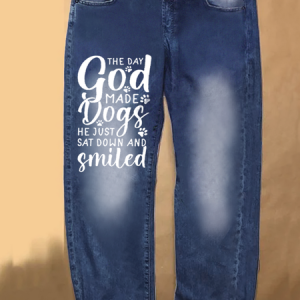 Women's Dog Lover Letters Casual Printed Jeans, color:Blue|size:3XL, Lilicloth.com