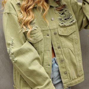 Casual Pocket Raglan Loose Ripped Denim Jacket Retro Urban, Jackets, color:Green|size:L, JustFashionNow