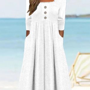 Women Plain Square Neck Long Sleeve Comfy Elegant Buttoned Midi Dress, Midi, color:White|size:XXL, catalog Noracora shop
