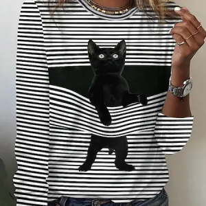 Striped Crew Neck Casual T-Shirt, T-Shirts, color:Black|size:XXL, JustFashionNow