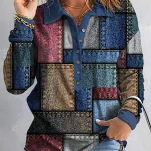 Women Casual Shawl Collar Color Block Blue Long Sleeves Top, Shirts & Blouses, color:Blue|size:XXL, JustFashionNow