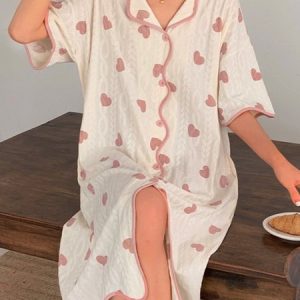 Breathable Comfortable Heart Print Texture Fabric V Neck Lapel Loose Nightdress, Sleepwear&Robes, color:Apricot|size:XXL, JustFashionNow
