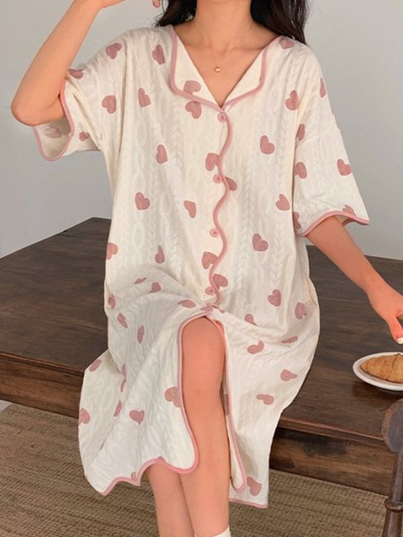 Breathable Comfortable Heart Print Texture Fabric V Neck Lapel Loose Nightdress, Sleepwear&Robes, color:Apricot|size:XXL, JustFashionNow