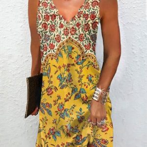 Floral Sleeveless V Neck Casual Tunic Dress, Short, color:Yellow|size:XXL, catalog Noracora shop