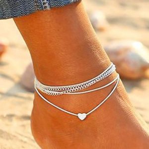 Bohemian heart-shaped peach heart double-layer chain foot ornament, Bracelet, color:Silver, Noracora