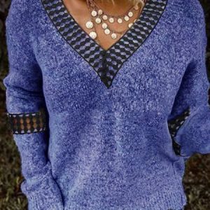 Casual V Neck Plain Sweatshirt, Hoodies & Sweatshirts, color:Blue|size:3XL, Noracora