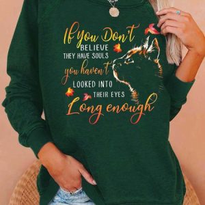 Women Looked Into Their Eyes Cat Letters Crew Neck Cat Sweatshirt, color:Green|size:3XL, Lilicloth.com