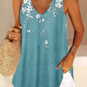 Plus Size Casual Loose Floral V Neck Tank Top, Tanks & Camis, color:Sky Blue|size:4X, JustFashionNow
