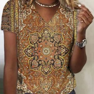 Ethnic Casual V Neck Regular Fit T-Shirt, T-Shirts, color:Yellow|size:3XL, JustFashionNow