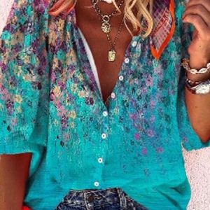 Plus Size 3/4 Sleeve Floral Casual Shirt Top, Shirts & Blouses, color:Blue|size:4X, JustFashionNow