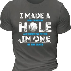 Men’s I Made A Hole In One Golf Crew Neck Regular Fit Casual Text Letters T-Shirt, T-shirts, Lilicloth.com